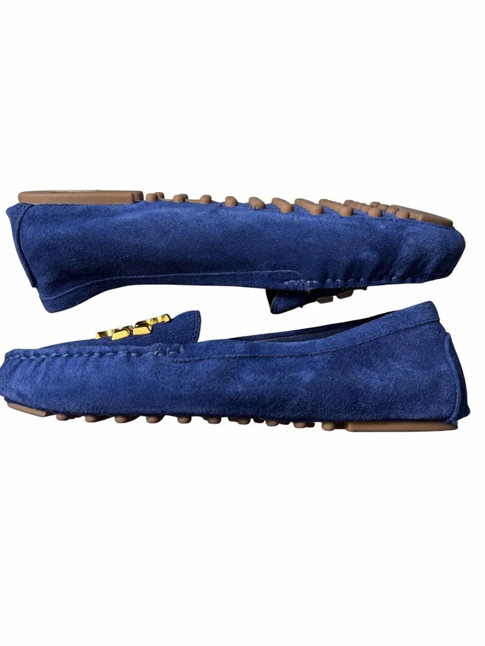 Tory Burch Everly driver loafers royal navy suede, emblem brass logo NEW size 7